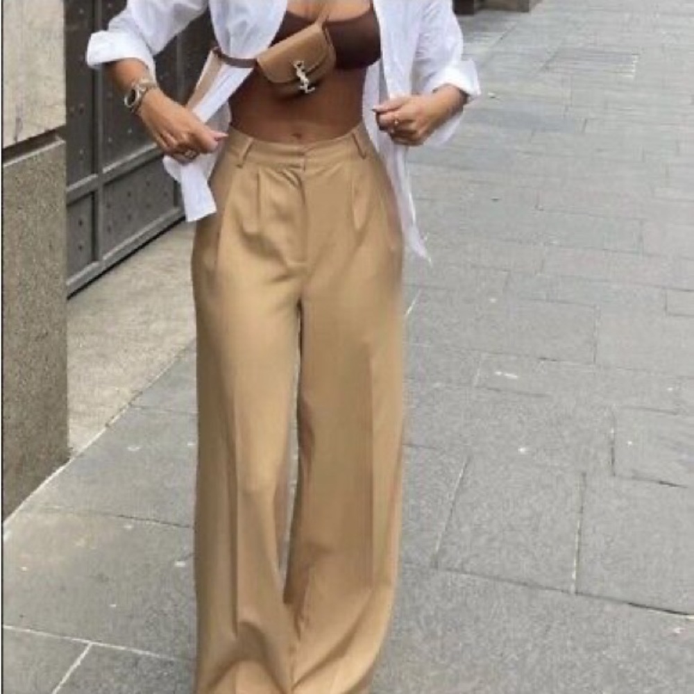 Wide-Leg High-Waist Tan Trousers - Picture 1 of 7